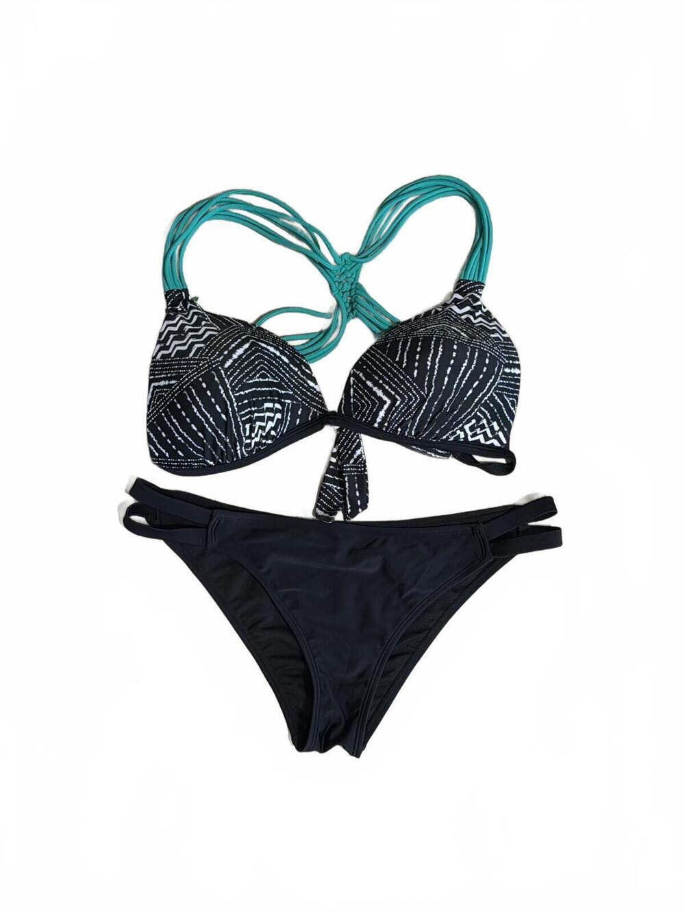 O'rageous Two-Piece Black and White Patterned Bikini with Turquoise Straps XL